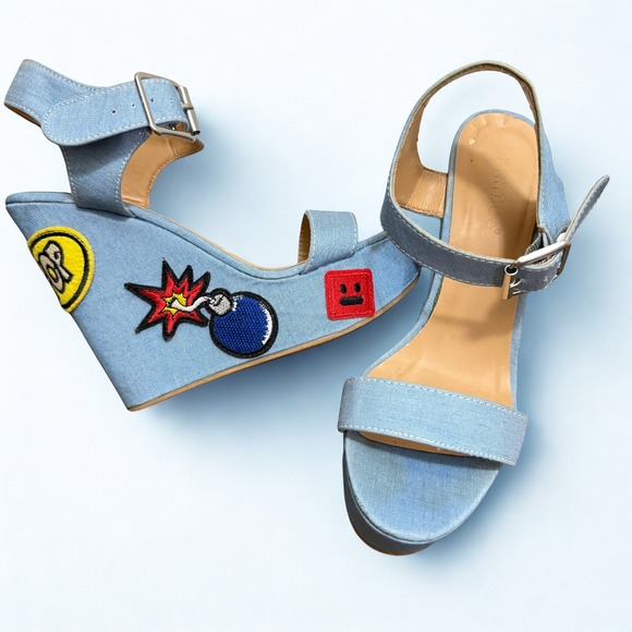 BAMBOO Shoes - Bamboo Pop Art Womens Denim Patch Platform Wedge‎ Sandals Blue Bomb Heart Size 6